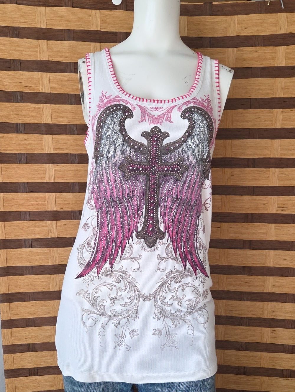 Vocal White & Pink Diamond Winged Cross Tank Top